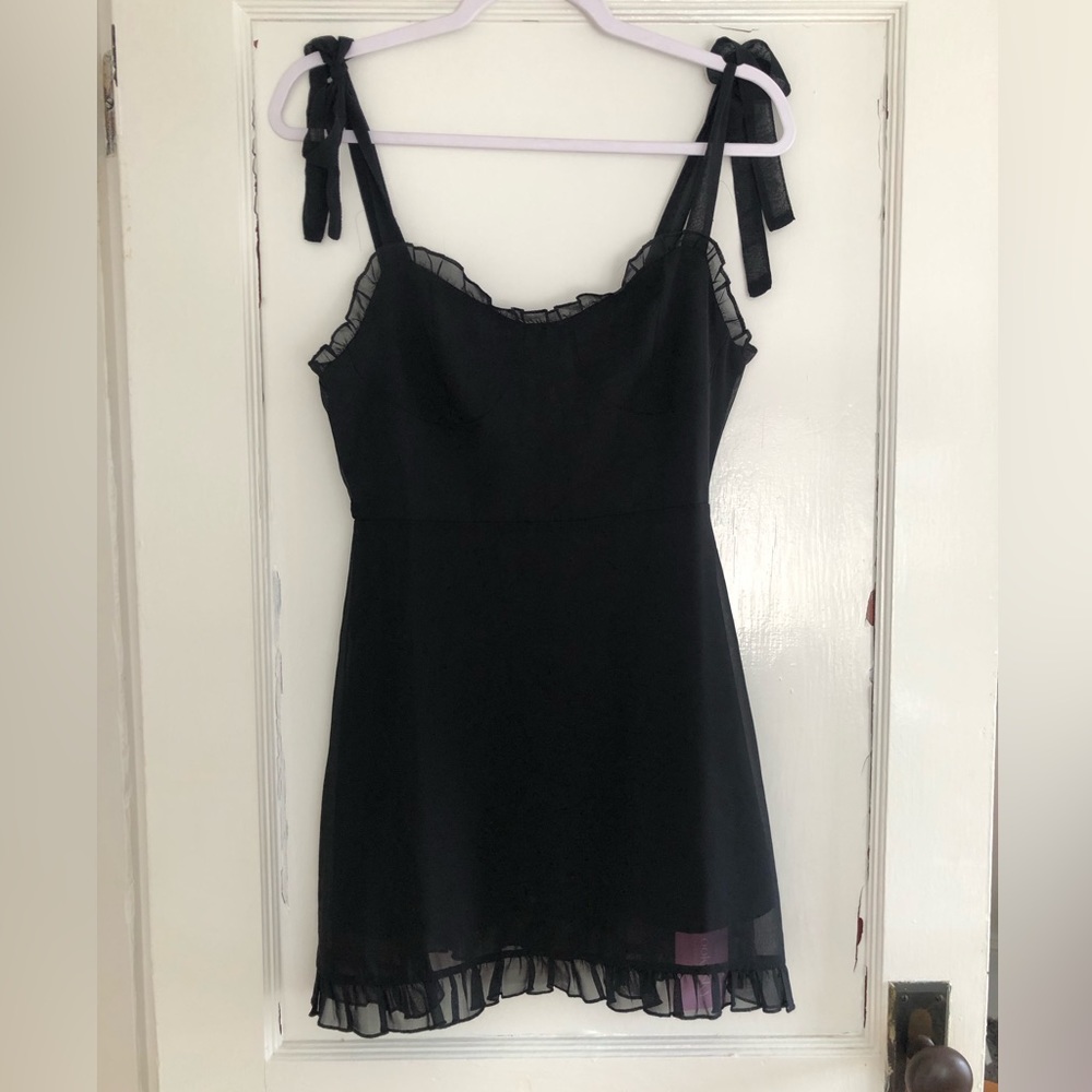 Lookshopsky Little Black Mini Dress - Tie Shoulder Straps - Ruffle- Size Small